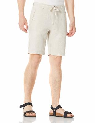 China Zipper Closure Pure Linen Mens Casual Drawstring Shorts Mid Waist Straight Leg for sale