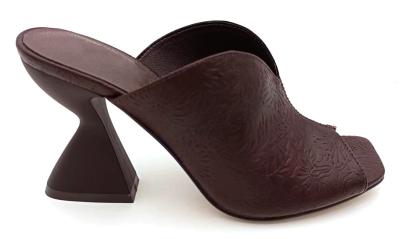 China Vintage Floral Embossed PU Mule With V-Shape Top-Line & Sculptured Block Heel for sale