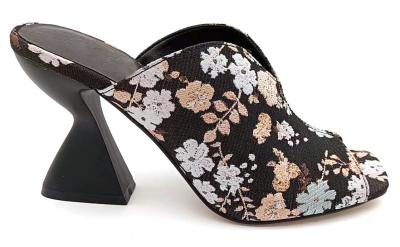 China Brocade Jacquard Floral High Vamp Peep Toe Mule With Sculptured Cake Stand Heel for sale