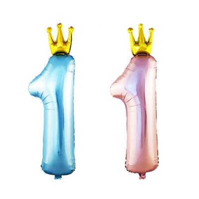 China Party 36 Inch Foil Crown Number 1 Blue and Pink Balloons for Newborn Baby 1st Birthday Party Decoration for sale