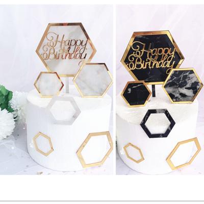 China Cake Decorating Hexagon Shaped Marble Cake Topper Acrylic Cake Toppers Happy Birthday Party Supplies Decorations for sale