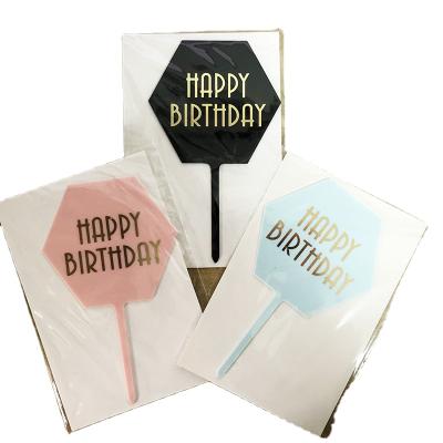 China Cake Toppers Party Decorations Happy Birthday Bronzing Acrylic Hexagon Cake Toppers for sale