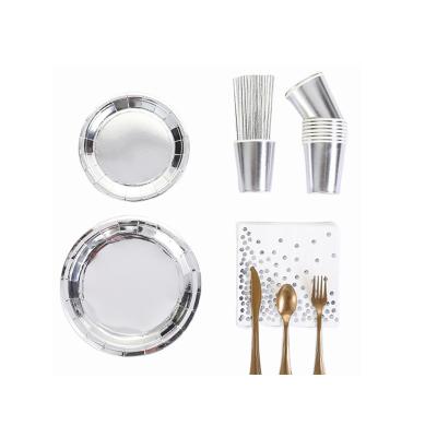 China Party Decoration Party Tableware Supplies Birthday Party Paper Plate Set Disposable Paper Cup Silver for sale