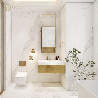 China Modern Custom Luxury Rock Slab Vanity Wood Countertop Led Small Mirror Wood Sink Wall Mounted Modern Bathroom Cabinet for sale