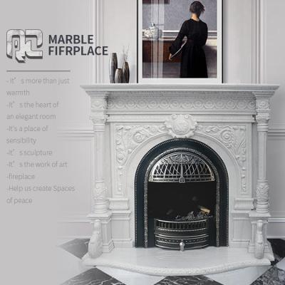 China Modern supplier manufacturing interior decoration white marble fireplace with carved flowers for sale