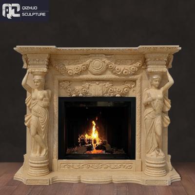 China Traditional Luxury Hand Carved Custom Marble Angel Greek Statue Fireplace Decoration Surround Overmantel for sale