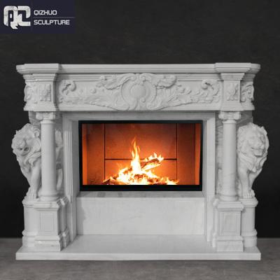 China EUROPEAN Wholesale Free Indoor Modern Hand Carved Marble Home Decorative Stone Fireplace with Lion Statue for sale