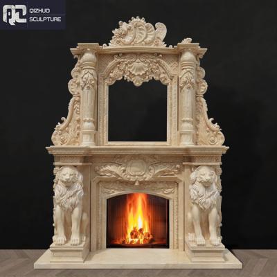 China Western Customized Hand-carved Luxury Two Layer Marble Lion Statue Egyptian Beige Fireplaces Overmantel Frame for sale