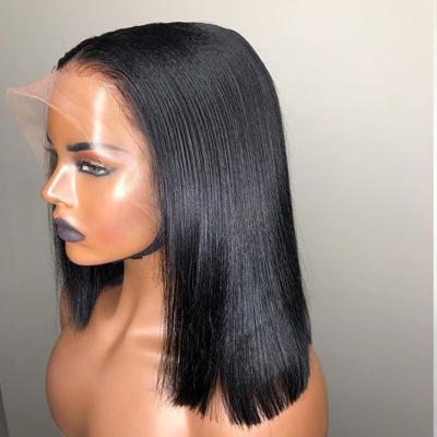 China 100% Virgin Human Hair 14 Inch Silky Straight SHALLOW Wave Lace Front Human Hair 360 Bob Wigs For Black Women in stock for sale