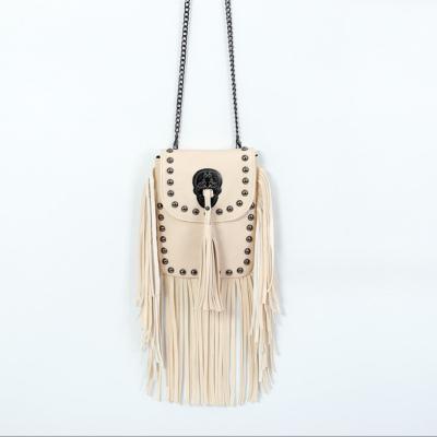 China Soft Leather Fashion Rivet Tassel Bag Boho Cross - Body Bag Vintage Fringe Square Clutch Bag Small Product for sale