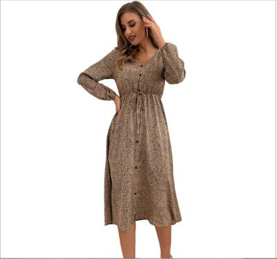 China 2021 New Style Women's Leopard Printing Dress Autumn Midi Elegant Long Sleeve V-Neck Anti-static Casual Clothes for sale