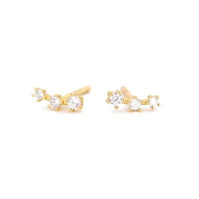 China FASHIONABLE S925 Sterling Silver Single Gold Plated Climber Three Diamond Stud Earrings for sale