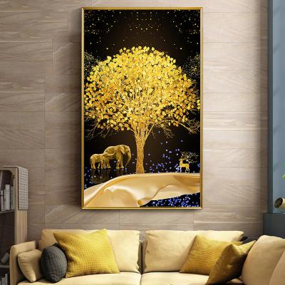 China Custom 3D Flower Modern Gold Tree Wall Painting Abstract Picture Crystal Porcelain Painting For Home Decor for sale