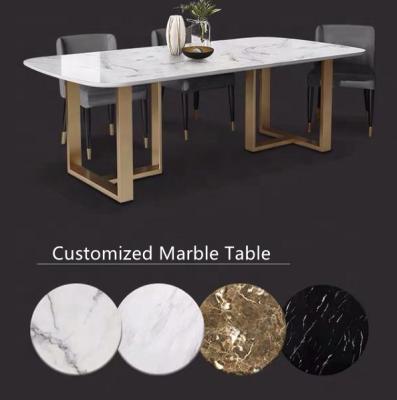 China Modern Customized Luxury Stainless Steel Square Marble Dining Table Set Furniture Imported Modern Dine Room for sale