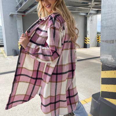 China Anti-Wrinkle 2021 Autumn Women Clothing Elegant Long Sheath Long Single Button Plaid Women Cardigan Turn Down Collar Women's T-shirt for sale