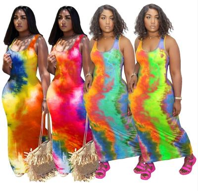 China JL304 New Breathable Women's Casual Tie Die Plus Floral Boho Bodycon Dress Vintage Summer Maxi Dresses Sleeveless Casual Sexy Long for sale