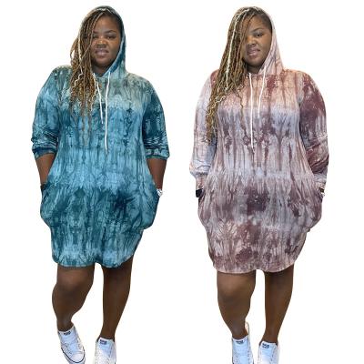 China JL048 viable dresses plus size 2022 blue to dye tying oversized casual wear hoodie dress plus size for sale