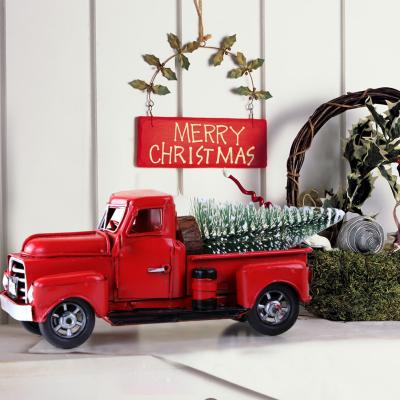 China Handmade Christmas Truck Decoration Vintage Metal Red Car Pickup Truck Christmas Gift for sale