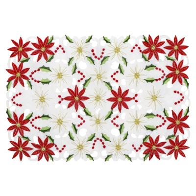 China Christmas Poinsettia Embroidered Place Mats Made in China Red Poinsettia Embroidered Sustainable Water and Oil Proof Christmas Table Place Mat for sale