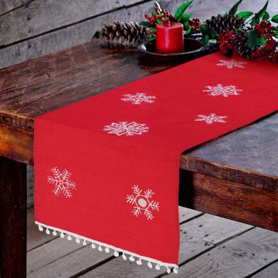 China Wholesale Red Christmas China Table Runner With Plaid Woven Pattern Embroidered Polyester Home Embroidery Table Runner for sale