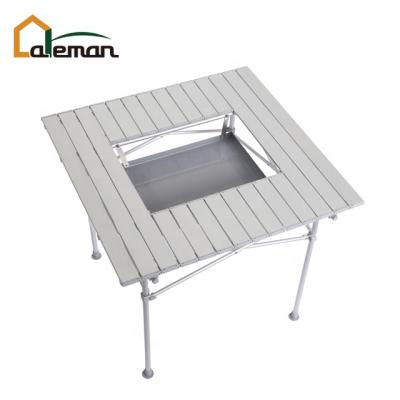 China 2 Way Modern Use Aluminum Alloy Folding BBQ Table, Center Mounted BBQ Tray Table w/Built-in Collapsible Roll Up Korean Fire Pit for sale