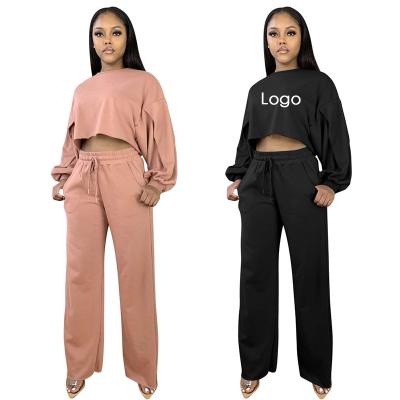 China 2022 Latest Breathable Wholesale Loose Long Sleeve Solid Color Women Sets Pants Two Piece Set for sale