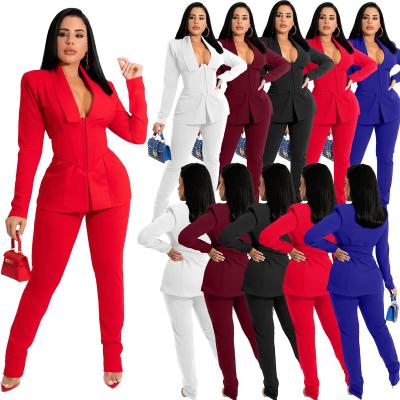 China Wholesale V-Neckline Long Sleeve Breathable Elegant Women's 2022 Solid Color Suit Women Suits Formal Office for sale