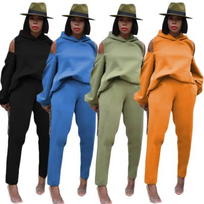 China 2022 High Quality Breathable Off The Shoulder Hoodies Cut Out Solid Color Activewear Women Tracksuit Two Piece Sets for sale