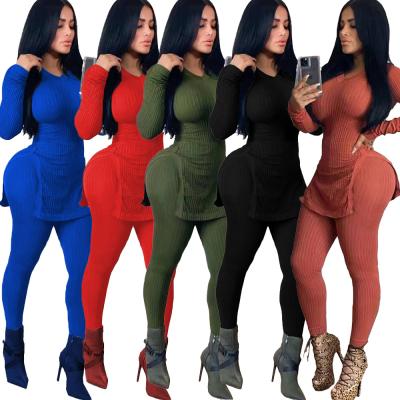 China Wholesale Solid Color Breathable Tight Slit Long Sleeve 2022 Rib Knit Lounge Wear Two Piece Set Women Clothing for sale