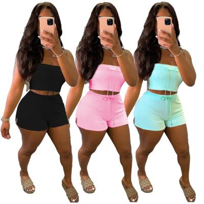 China New Arrival 2021 Breathable Bodycon Off Shoulder Tube Tops And Drawstring Shorts Summer Women Biker Shorts Two Piece Set for sale