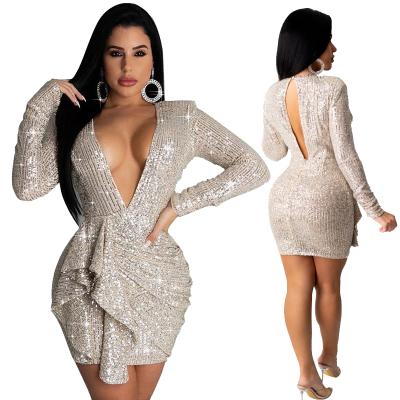 China Autumn 2021 New Arrival Women's Backless Prom Elegant Casual Dresses Long Sleeve V-Neck Breathable Sequined Bodycon Dress for sale