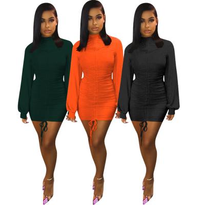 China Wholesale Women's Breathable Clothing 2021 Autumn Color Drawsting Bodycon Solid Long Sleeve Autumn Dress for sale