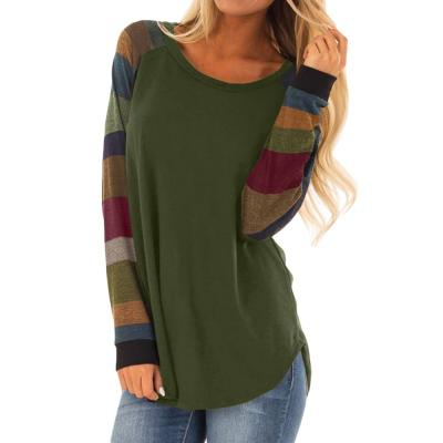 China Breathable Color Block Long Sleeves Green Pullover Top&Blouses Women for sale