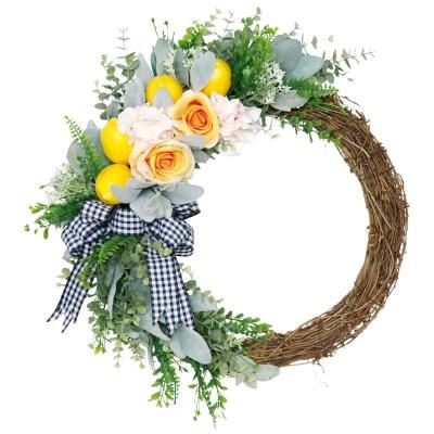 China Elegant Decorative Flower Braids 50cm Artificial Silk Rose Flower Lemon Grid Bowknot Garland Vine Greenery For Door Wall Decoration for sale