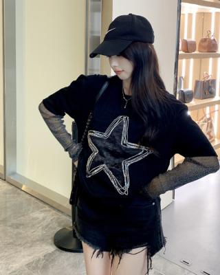 China Other Fashion Design Loose 100%Cotton Rhinestone Pleated Stars T-Shirt Top Double Layer Long Sleeve T Shirt Ladies Patchwork Casual for sale