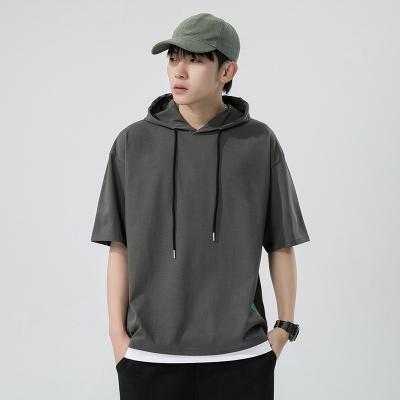 China Anti-Shrink Hooded Short Sleeve Solid Color Loose Hooded Sports School T Shirt For Men Hip Hop T Shirt For Men Oversize for sale