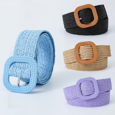 China Fashion.Casual Korean Candy Color Square Buckle Female Belts Weaving Pp Belt Elastic Braided Girls Belt for sale