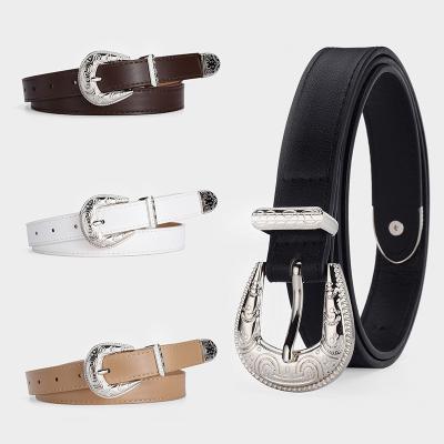 China Fashion.Casual 2023 New Fashionable Three-Piece Silver Carved Buckle Decoration Girls Belt Retro Trend Female Belts Leather Pu Ladies Belts for sale