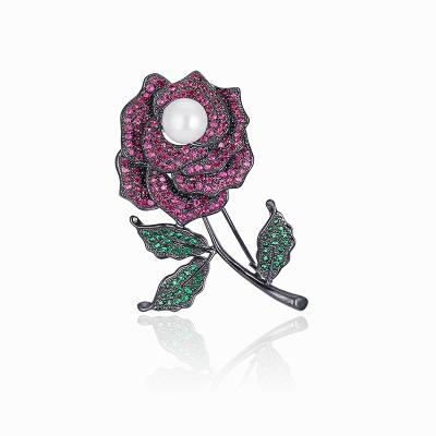 China Fashionable Wholesale Micro Pave Rose Women Brooches Romantic Red for sale