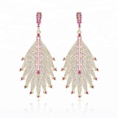 China Trendy Luxury High Quality Design Jewelry Gold Jewelry Women Earring Zircon Feather Feather Hanging Earrings for sale