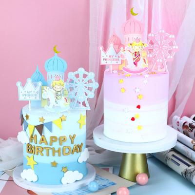 China Paper Cake Topper Little Cute Yellow Crown Windmill Castle Windmill Crown Riding Paper Cake Topper Cake Topper Cartoon Yellow for sale