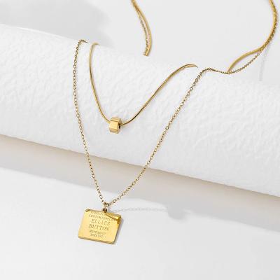 China CLASSIC Customized Engraved Logo Name Necklace Vertical Stainless Steel Gold Plated Double Layer Chain Square Blank Name Necklace for sale