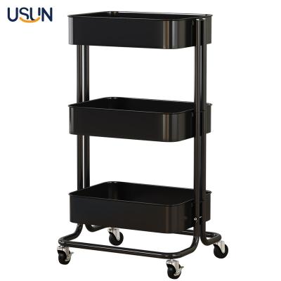 China USUN Sustainable Home Mobile Metal Cart With Casters Powder Coated Kitchen Storage Rack for sale