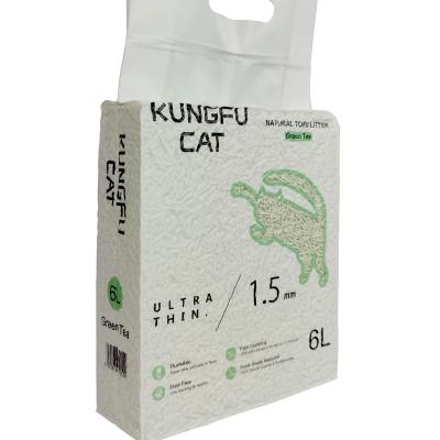 China Lovepet Factory OEM Kungfu Ultra Thin Viable Natural Cat Litter 2.6Kg Green Tea Soybean 6L 1.5mm Safe For Toilet for sale