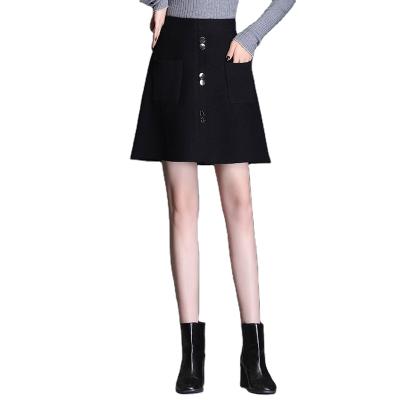 China Anti-Static Women's High Waist Solid Elastic Color A Line Knitted Mini Skirts With Pockets And Buttons for sale