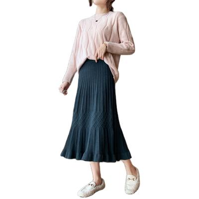 China Wholesale Anti-static Women's Plus Size Solid Color Waist Elastic Top Ruffles Midi A Line Knitted Skirts for sale