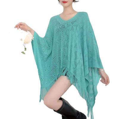 China Ladies V-Neck Knitted Shawl Wrap Sweater Autumn Fringe Poncho Sweater Solid Cape Knit Anti-wrinkle For Women for sale