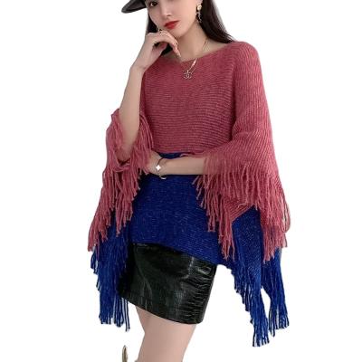 China Women's O Neck Color Block Shawl Sweater Cape Anti-wrinkle Poncho Stylish Knitted Pullover With Fringe for sale