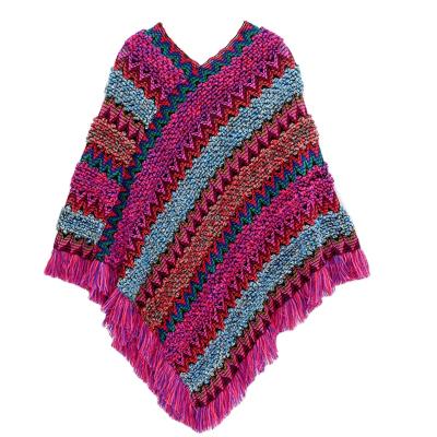 China Anti-Wrinkle Women's Chunky Cable Knit Sweater Shawl Bohemian Fringed Plus Size Tassels Pullover Poncho for sale