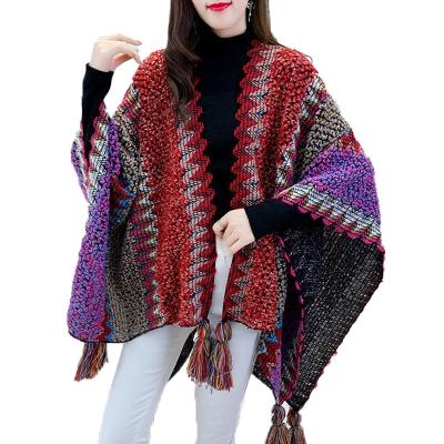 China Anti-wrinkle Women's Stripe Pattern Stylish Cable Cardigan Knit Poncho Sweater Shawl Boho Fringed Cape for sale